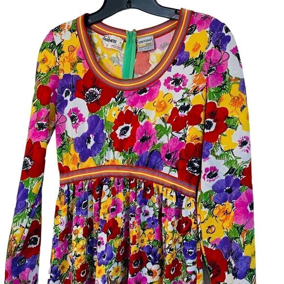 Goldworm Vintage 60s Anemone Vibrant Rainbow Floral Long Sleeve Dress Sz 12 - Picture 10 of 10